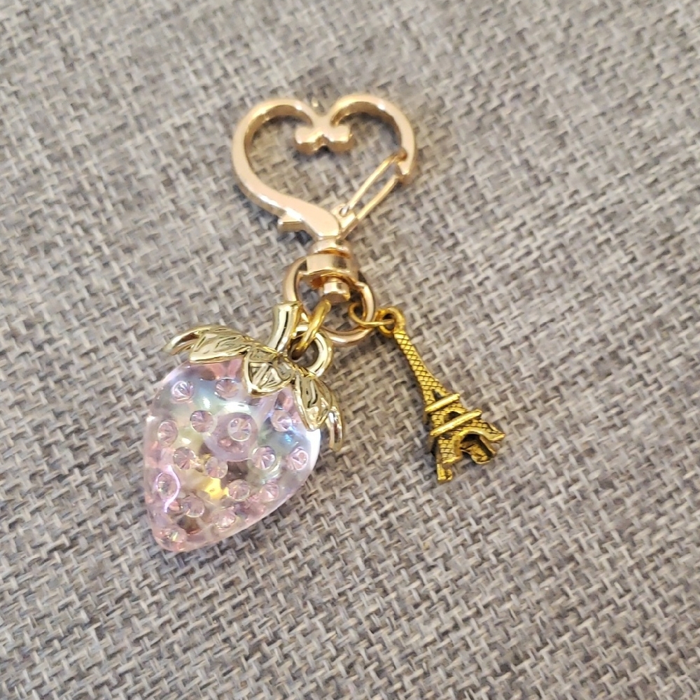 Gold and Pink Strawberry Effiel Tower Bag Charm